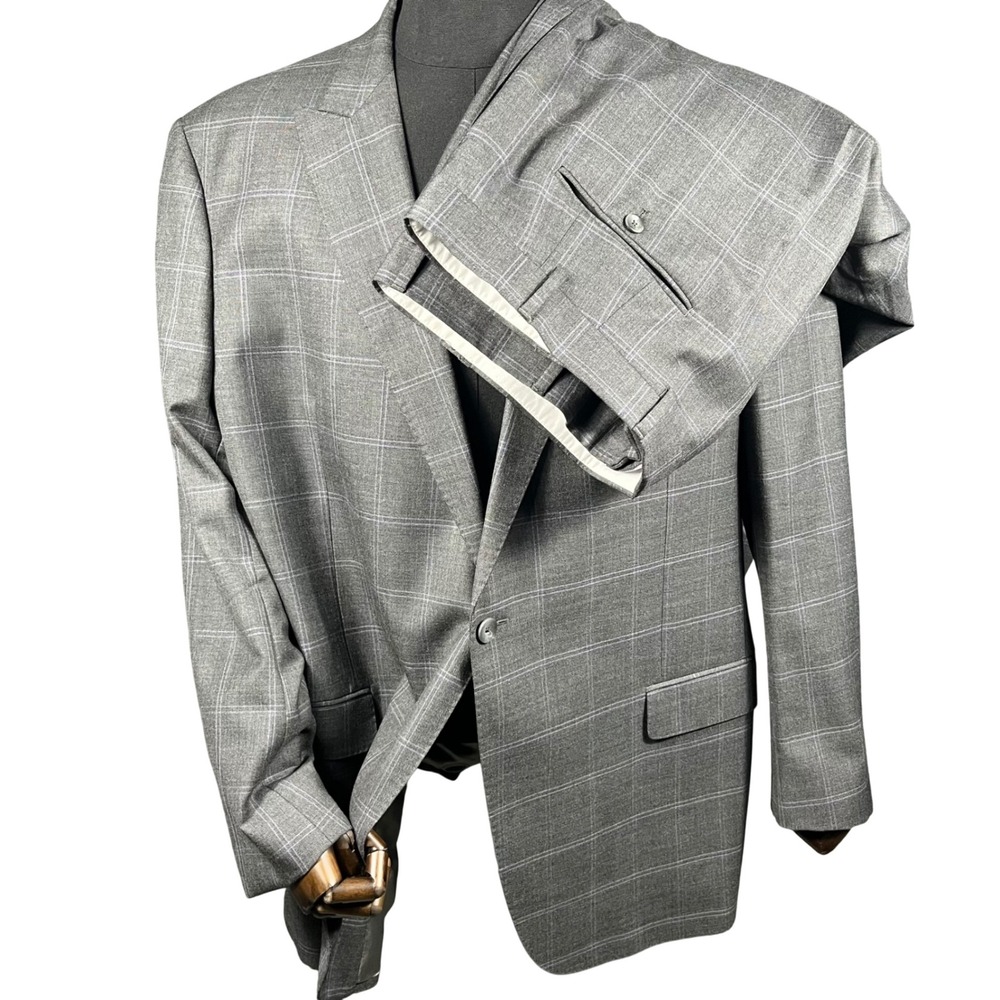 J. Hilburn 2 Piece Suit Mens 49 Grey Windowpane Vitale Barberis Canonico Wool